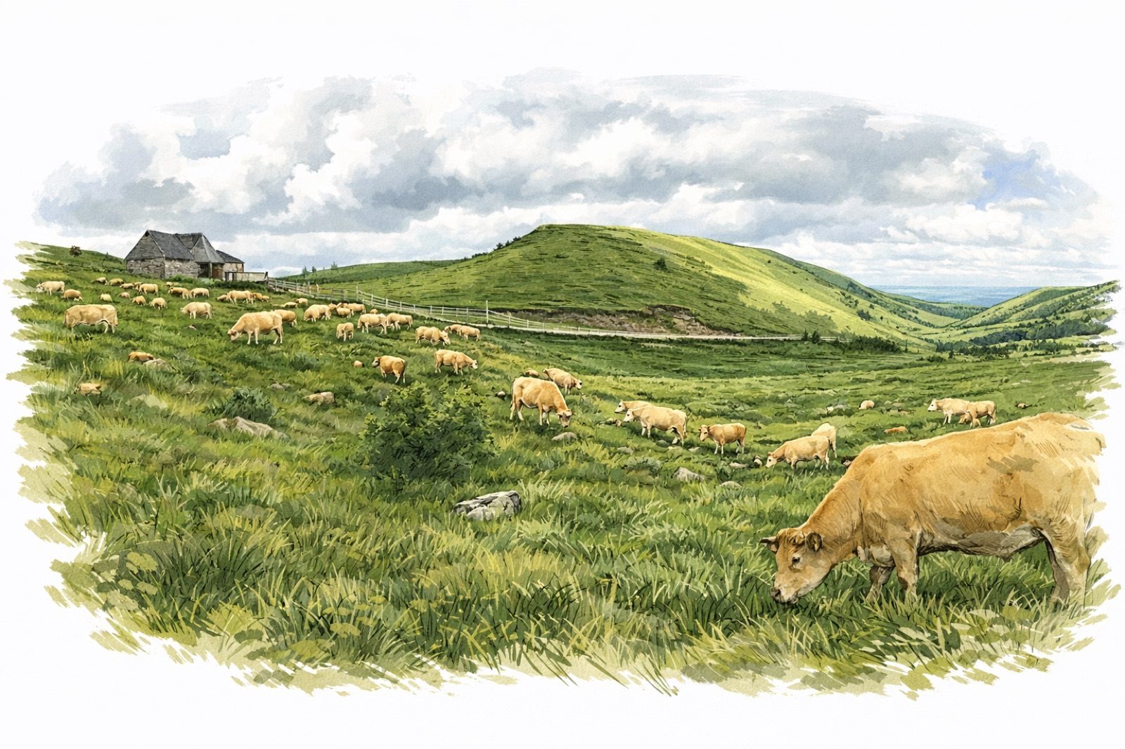 Paysage et ferme du secteur de Pierrefort